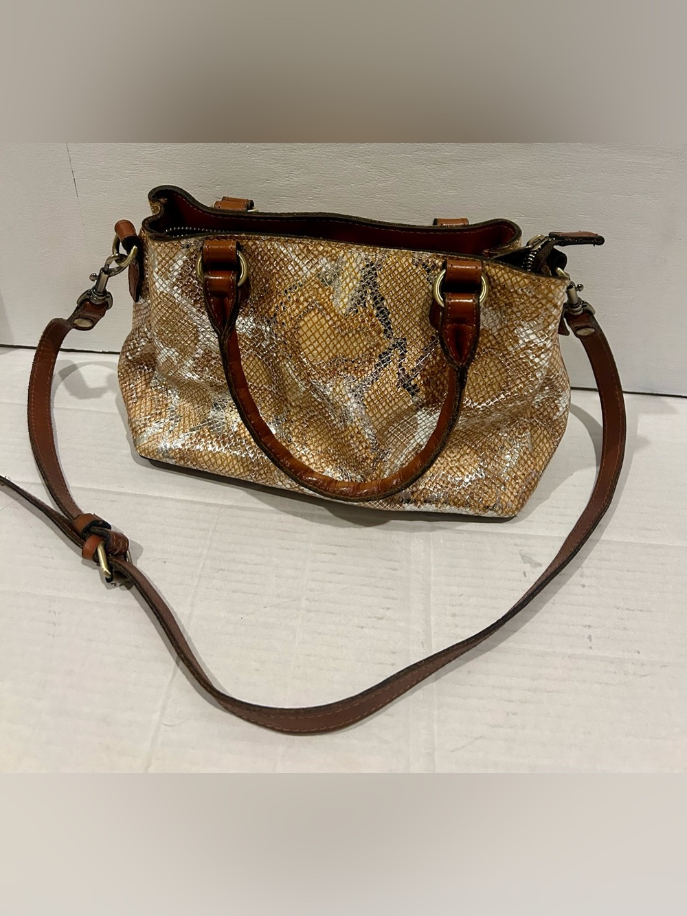 Patricia Nash metallic and Tan Snake-Print Satchel with Brown Leather Trim 7”x12